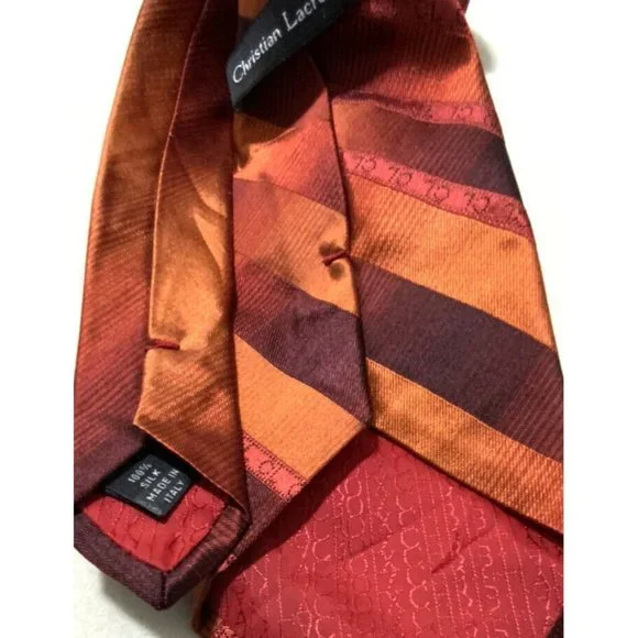 🆕CHRISTIAN LACROIX Orange Striped Monogrammed Silk Tie ITALY 60/ 3.7 NWOT